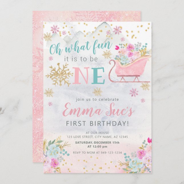 Winter Pink Snowflake Oh What fun First Birthday Invitation (Front/Back)