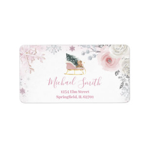 Winter Pink Snowflake Sleigh Baby Shower Address Label