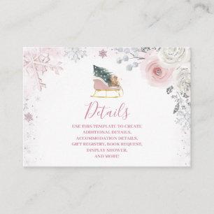 Winter Pink Snowflake Sleigh Baby Shower Details Enclosure Card