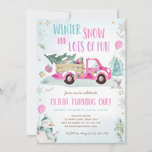 Winter Pink Truck Snow Fun Girl First Birthday Invitation (Front)