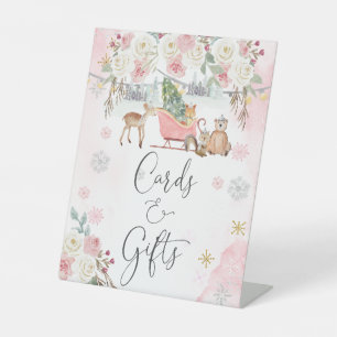 Winter Pink Woodland Animals Cards And Gifts Pedestal Sign