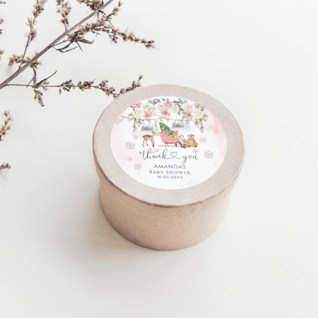 Winter Pink Woodland Animals Girl Baby Shower  Classic Round Sticker (Creator Uploaded)