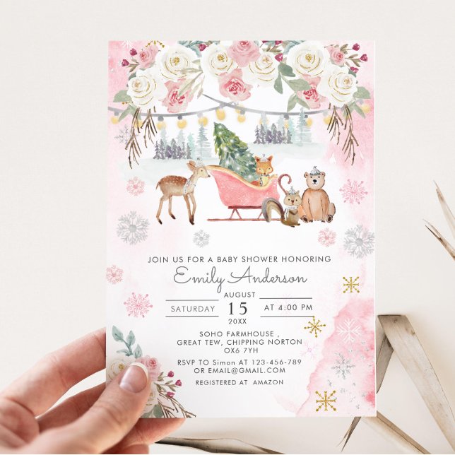 Winter Pink Woodland Animals Girl Baby Shower  Invitation (Creator Uploaded)