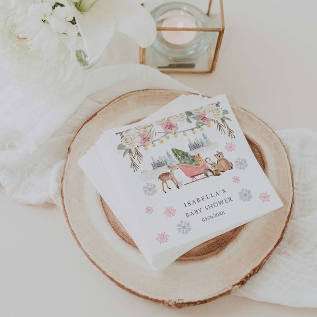 Winter Pink Woodland Animals Girl Baby Shower  Napkin (Creator Uploaded)