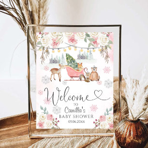 Winter Pink Woodland Animals Girl Baby Shower Poster