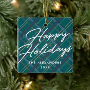 Winter Plaid Happy Holidays Ornament - Green