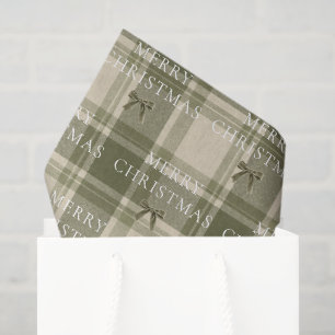 Winter Plaid Merry Christmas Olive Velvet Bow Tissue Paper