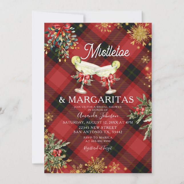 Winter Plaid Mistletoe & Margaritas Bridal Shower Invitation (Front)