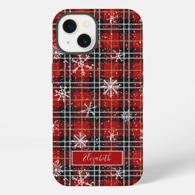 Winter Plaid Snowflakes Script Name iPhone Case (Back)
