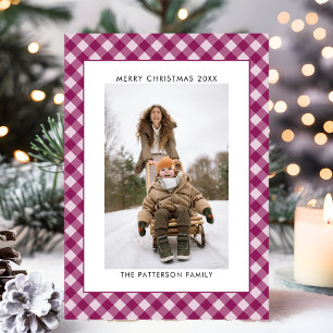 Winter Plum Wine Gingham Plaid Photo Christmas Holiday Card