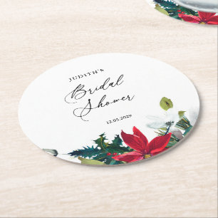Winter Poinsettia Bridal Shower Round Paper Coaster