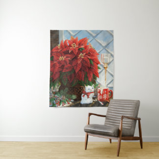 Winter Poinsettia, Ceramic kitten, Red mug egg-nog Tapestry
