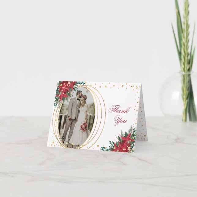 Winter Poinsettia Christmas Photo Thank You Card (Front)