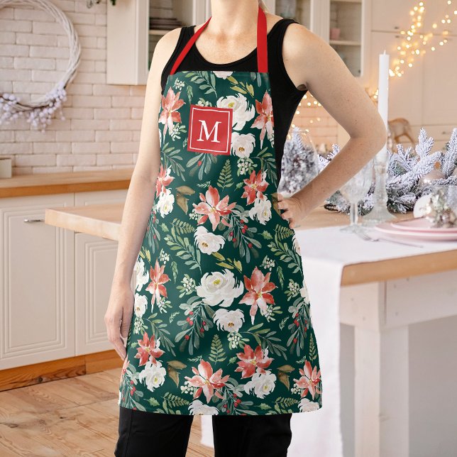 Winter Poinsettia Floral Pattern Green Monogram Apron (Creator Uploaded)