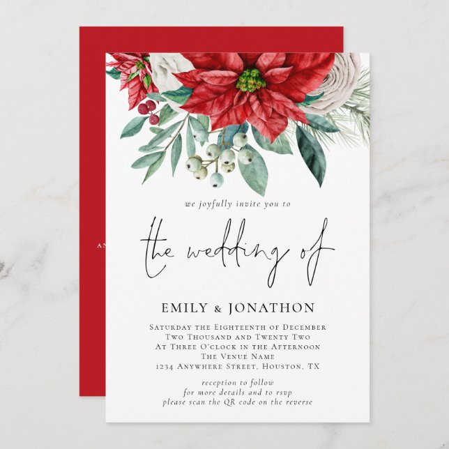 Winter Poinsettia Florals Foliage QR Code Wedding Invitation (Front/Back)