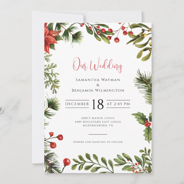 Winter Poinsettia Greenery Floral Wedding Invitation (Front)