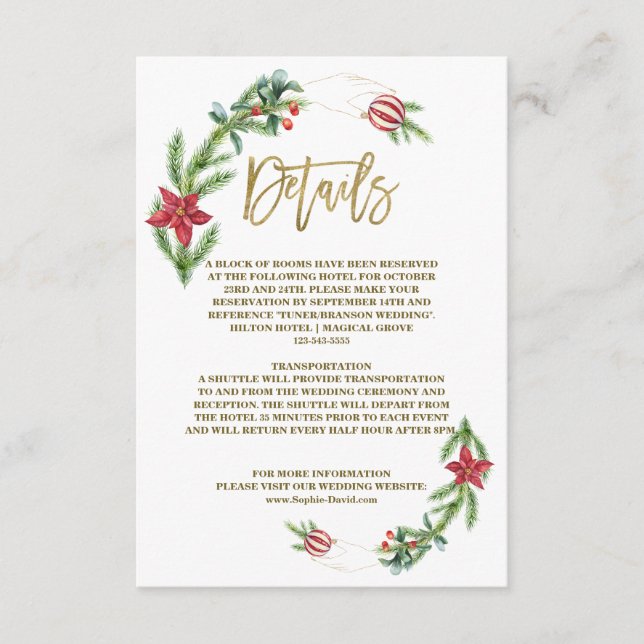 Winter Poinsettia Pine Berry Christmas Wedding Enclosure Card (Front)