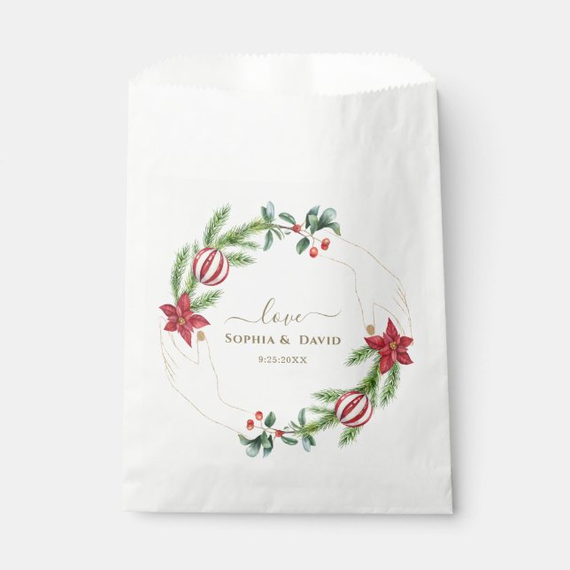 Winter Poinsettia Pine Berry Christmas Wedding Favour Bags (Front)