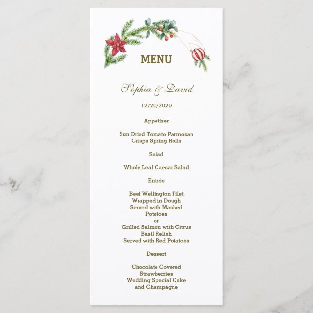 Winter Poinsettia Pine Berry Xmas Wedding Menu (Front)