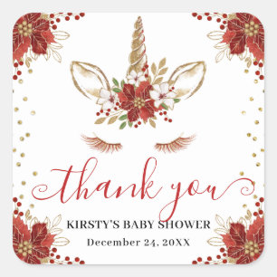 Winter Poinsettia Unicorn Baby Shower Square Sticker