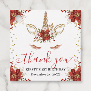 Winter Poinsettia Unicorn Kids Birthday Favour Tags