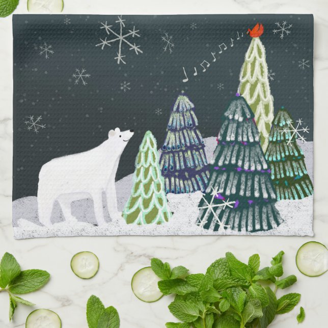 Winter Polar Bear and Cardinal Kitchen Tea Towel (Folded)