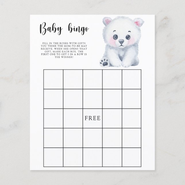 Winter Polar Bear - Baby shower bingo game (Front)