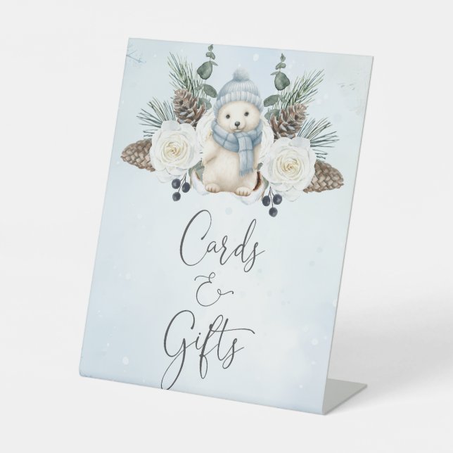 Winter Polar Bear Boy Baby Shower Cards and Gifts Pedestal Sign (Front)