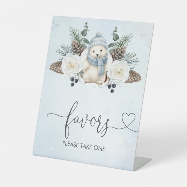 Winter Polar Bear Boy Baby Shower Favours Pedestal Sign (Front)