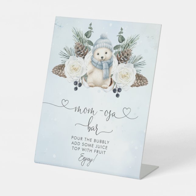 Winter Polar Bear Boy Baby Shower Mum-osa Bar Pedestal Sign (Front)