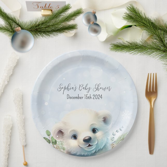Winter Polar Bear Cold Outside Blue Baby Shower Paper Plate (Creator Uploaded)