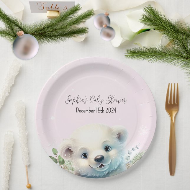 Winter Polar Bear Cold Outside Pink Baby Shower Paper Plate (Pink Polar Bear Winter Baby Shower Paper Plate)