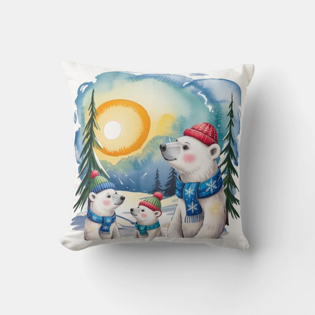Winter Polar Bear Family Christmas  Cushion (Front)