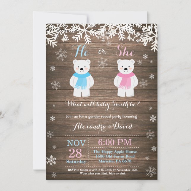 Winter Polar Bear Gender Reveal Invitation (Front)