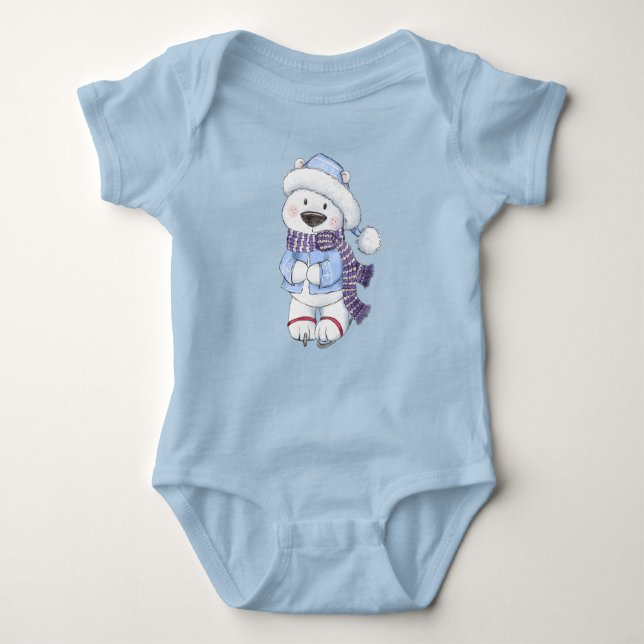 Winter Polar Bear Ice Skating Baby Bodysuit (Front)