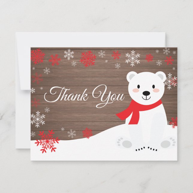 Winter Polar Bear Red Snowflake Thank You Card (Front)