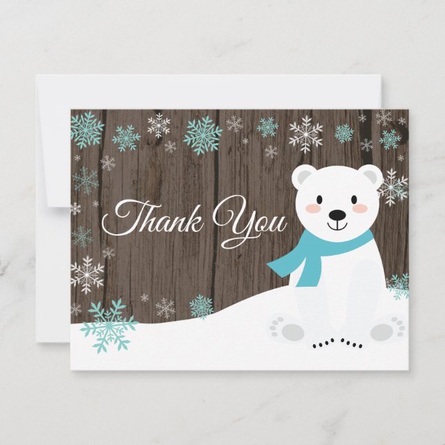Winter Polar Bear Snowflake Aqua Thank You Card (Front)