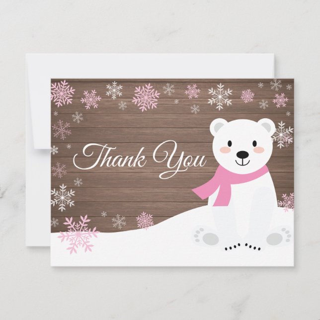 Winter Polar Bear Snowflake Pink Thank You Card (Front)