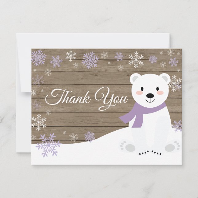 Winter Polar Bear Snowflake Purple Thank You Card (Front)