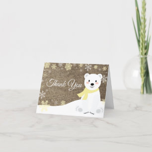 Winter Polar Bear Snowflake Yellow Burlap Thank You Card