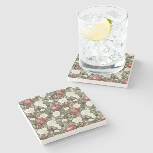 Winter Pomegranate White Floral Stone Coaster (Side)