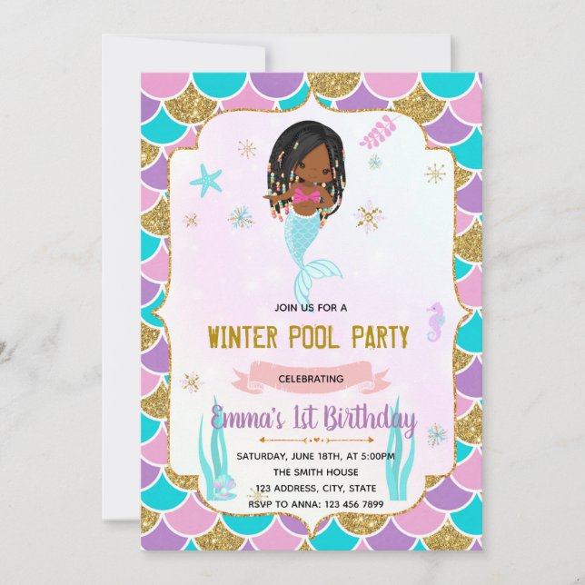 Winter pool mermaid theme invitation  (Front)