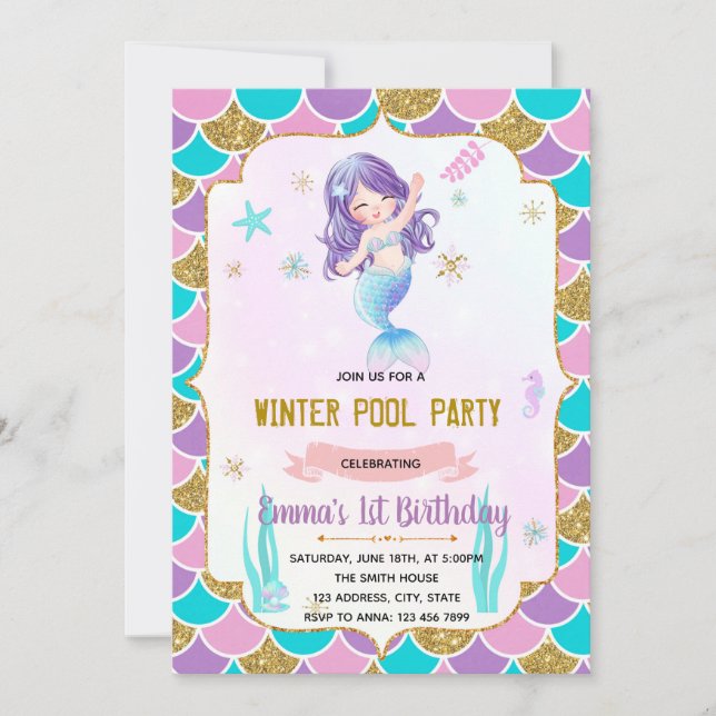 Winter pool mermaid theme invitation  (Front)