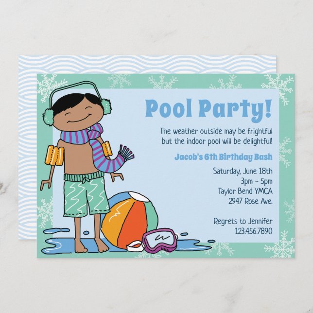Winter Pool Party Black Hair Boy Indoor Swim Invitation (Front/Back)
