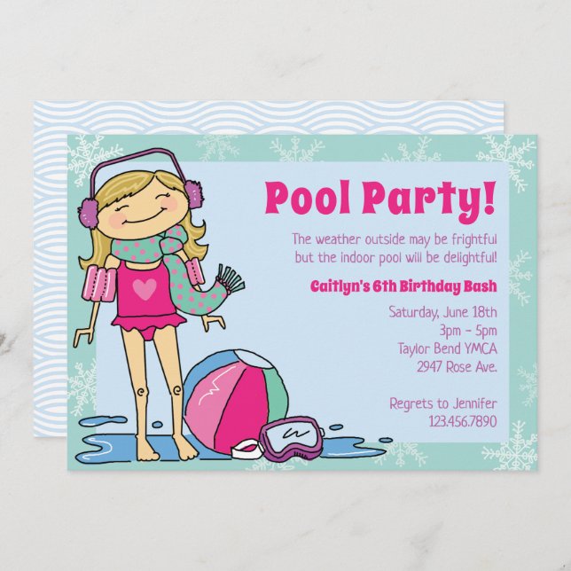 Winter Pool Party Blonde Girl Indoor Swimming Invitation (Front/Back)