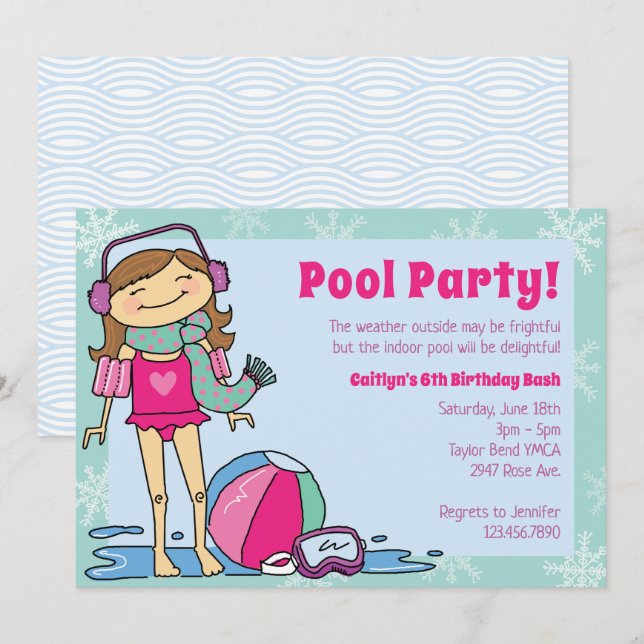 Winter Pool Party Brunette Girl Indoor Swimming Invitation (Front/Back)