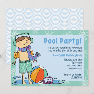 Winter Pool Party Brunette Hair Boy Indoor Swim Invitation