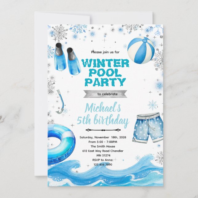 Winter pool party theme invitation (Front)