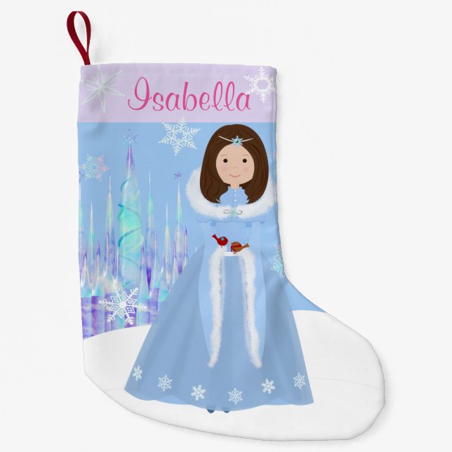 Winter Princess Brunette Hair Small Christmas Stocking (Front)