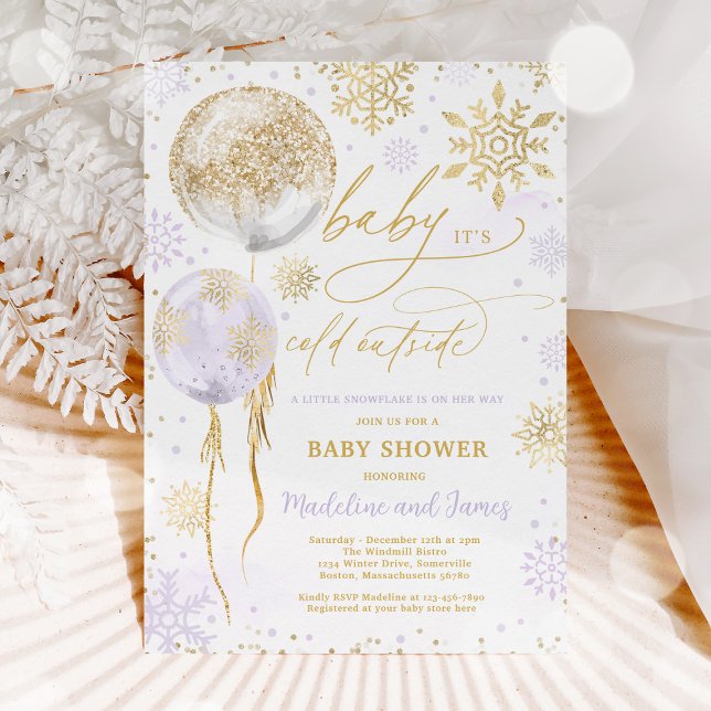 Winter Purple & Gold Snowflake Baby Shower Invitation (Creator Uploaded)